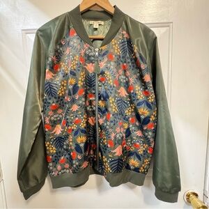 Mi Ami Women's Floral Zip-Up Bomber Jacket Olive Green Medium Cottagecore Retro